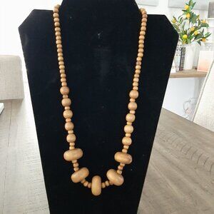 Vintage Wooden Bead Necklace 22" Long Handcrafted Boho Jewelry Natural Finish
